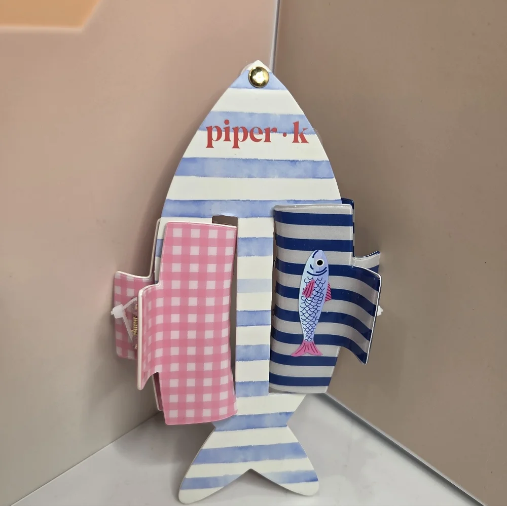 💙▪️Piper K▪️ Pink Plaid and Blue Striped Fish Print Hair Claw Clip Set Of 2